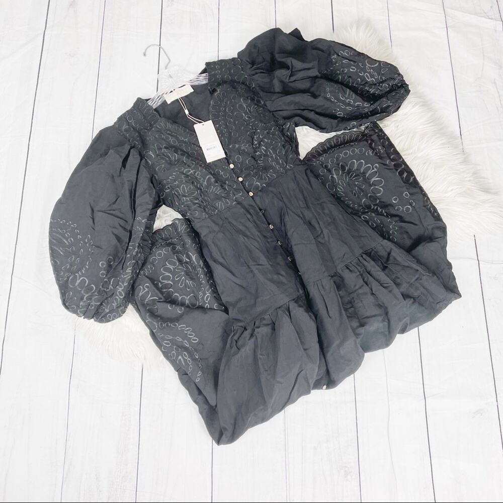 Keepsake Without Me Black Embroidered V-neck Puff Sleeve Dress Size 0-2 NEW - Picture 2 of 6